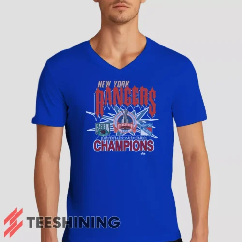 Male model rocking the 1994 New York Rangers Eastern Conference Champions Classic Hockey Men's V-Neck T-Shirt in royal blue. Featuring a modern V-neck cut, perfect for a stylish yet casual look.