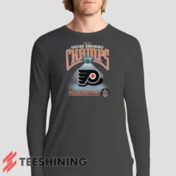Male model sporting the 1997 Philadelphia Flyers NHL Hockey Men's Long Sleeve T-Shirt in charcoal. Lightweight and breathable, ideal for transitional weather.