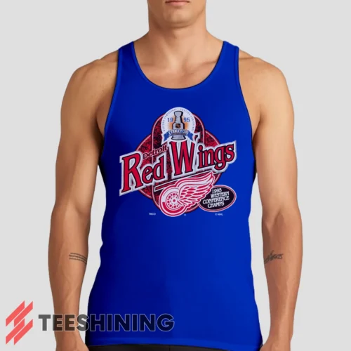 Male model wearing the 90s Detroit Red Wings Western Conference Champs Vintage Hockey Fan Men's Tank Top in royal blue. A perfect blend of comfort and breathability for workouts or summer days.