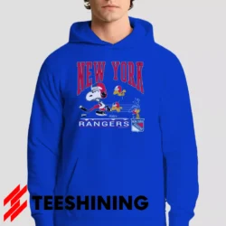 Male model showcasing the 90s New York Rangers Snoopy Peanuts NHL Hockey Vintage Fan Men's Hoodie in royal blue. This ultra-cozy pullover hoodie is designed for warmth and everyday versatility.