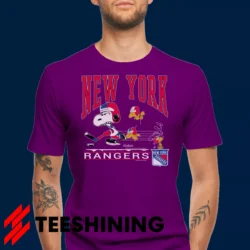 Male model wearing the 90s New York Rangers Snoopy Peanuts NHL Hockey Vintage Fan Men's T-Shirt in purple. Crafted from ultra-soft cotton, this classic crew neck tee offers breathable comfort and effortless style.
