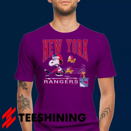 Male model wearing the 90s New York Rangers Snoopy Peanuts NHL Hockey Vintage Fan Men's T-Shirt in purple. Crafted from ultra-soft cotton, this classic crew neck tee offers breathable comfort and effortless style.
