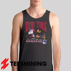 Male model wearing the 90s New York Rangers Snoopy Peanuts NHL Hockey Vintage Fan Men's Tank Top in charcoal. A perfect blend of comfort and breathability for workouts or summer days.