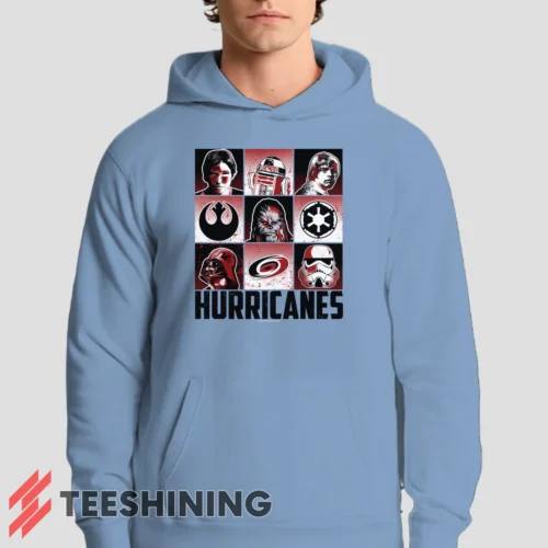 Male model showcasing the Carolina Hurricanes Star Wars Heroes And Villains Men's Hoodie in light blue. This ultra-cozy pullover hoodie is designed for warmth and everyday versatility.