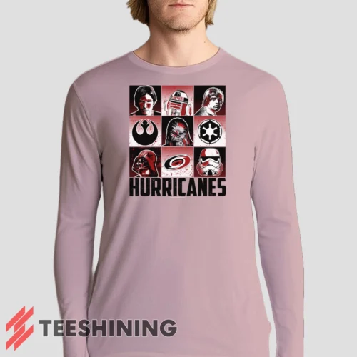Male model sporting the Carolina Hurricanes Star Wars Heroes And Villains Men's Long Sleeve T-Shirt in light pink. Lightweight and breathable, ideal for transitional weather.