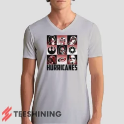 Male model rocking the Carolina Hurricanes Star Wars Heroes And Villains Men's V-Neck T-Shirt in white. Featuring a modern V-neck cut, perfect for a stylish yet casual look.