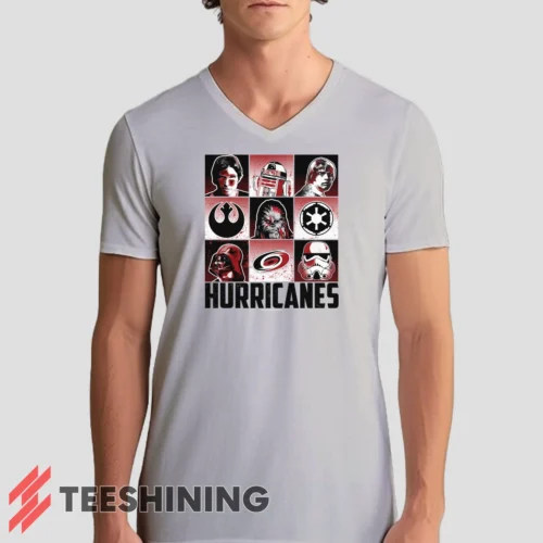 Male model rocking the Carolina Hurricanes Star Wars Heroes And Villains Men's V-Neck T-Shirt in white. Featuring a modern V-neck cut, perfect for a stylish yet casual look.