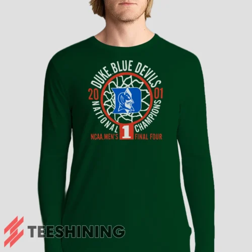 Male model sporting the Duke Blue Devils 2001 Nation Champions Ncaa Men's Long Sleeve T-Shirt in forest green. Lightweight and breathable, ideal for transitional weather.