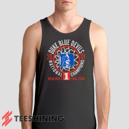 Male model wearing the Duke Blue Devils 2001 Nation Champions Ncaa Men's Tank Top in charcoal. A perfect blend of comfort and breathability for workouts or summer days.