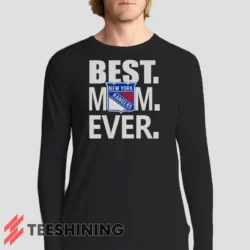 Male model sporting the New York Rangers Best Mom Ever Hockey Team Gift for Moms Men's Long Sleeve T-Shirt in black. Lightweight and breathable, ideal for transitional weather.