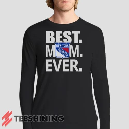 Male model sporting the New York Rangers Best Mom Ever Hockey Team Gift for Moms Men's Long Sleeve T-Shirt in black. Lightweight and breathable, ideal for transitional weather.