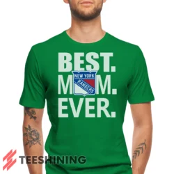 Male model wearing the New York Rangers Best Mom Ever Hockey Team Gift for Moms Men's T-Shirt in irish green. Crafted from ultra-soft cotton, this classic crew neck tee offers breathable comfort and effortless style.