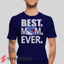 Male model wearing the New York Rangers Best Mom Ever Hockey Team Gift for Moms Men's T-Shirt in navy. Crafted from ultra-soft cotton, this classic crew neck tee offers breathable comfort and effortless style.