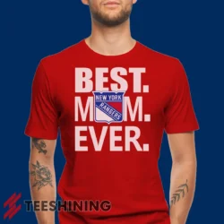 Male model wearing the New York Rangers Best Mom Ever Hockey Team Gift for Moms Men's T-Shirt in red. Crafted from ultra-soft cotton, this classic crew neck tee offers breathable comfort and effortless style.