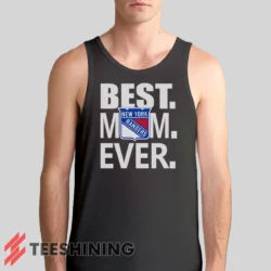 Male model wearing the New York Rangers Best Mom Ever Hockey Team Gift for Moms Men's Tank Top in charcoal. A perfect blend of comfort and breathability for workouts or summer days.
