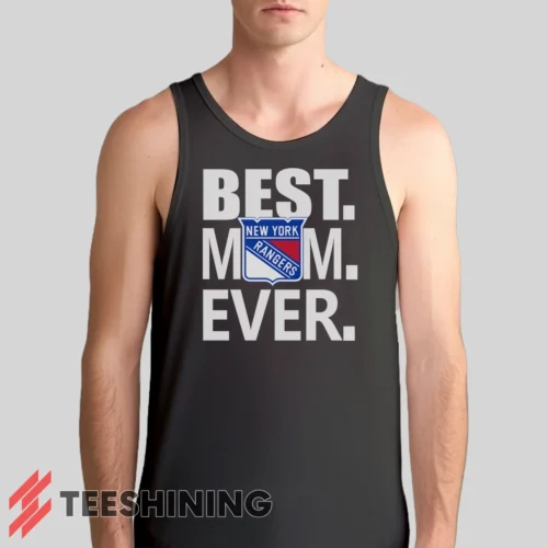 Male model wearing the New York Rangers Best Mom Ever Hockey Team Gift for Moms Men's Tank Top in charcoal. A perfect blend of comfort and breathability for workouts or summer days.