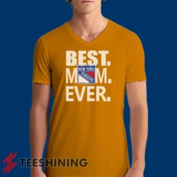 Male model rocking the New York Rangers Best Mom Ever Hockey Team Gift for Moms Men's V-Neck T-Shirt in orange. Featuring a modern V-neck cut, perfect for a stylish yet casual look.