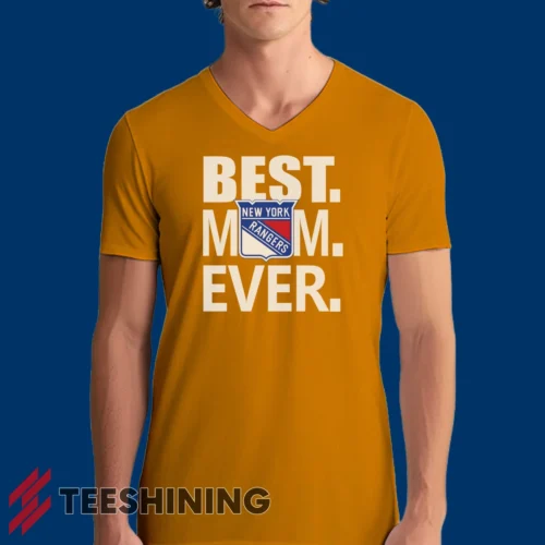 Male model rocking the New York Rangers Best Mom Ever Hockey Team Gift for Moms Men's V-Neck T-Shirt in orange. Featuring a modern V-neck cut, perfect for a stylish yet casual look.