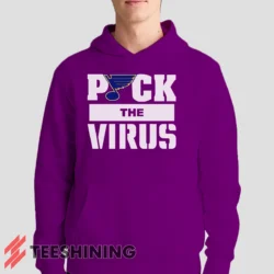Male model showcasing the St Louis Blues Jets Puck The Virus Men's Hoodie in purple. This ultra-cozy pullover hoodie is designed for warmth and everyday versatility.