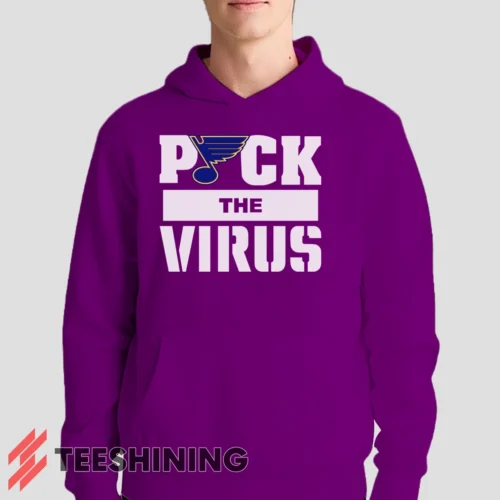 Male model showcasing the St Louis Blues Jets Puck The Virus Men's Hoodie in purple. This ultra-cozy pullover hoodie is designed for warmth and everyday versatility.