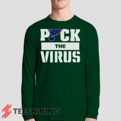 Male model sporting the St Louis Blues Jets Puck The Virus Men's Long Sleeve T-Shirt in forest green. Lightweight and breathable, ideal for transitional weather.