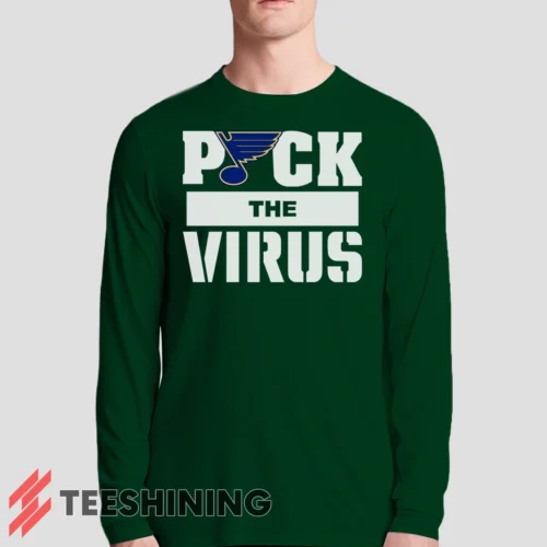 Male model sporting the St Louis Blues Jets Puck The Virus Men's Long Sleeve T-Shirt in forest green. Lightweight and breathable, ideal for transitional weather.