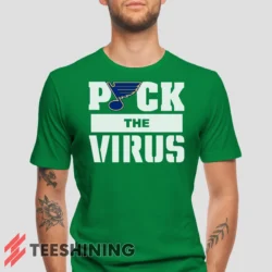 Male model wearing the St Louis Blues Jets Puck The Virus Men's T-Shirt in irish green. Crafted from ultra-soft cotton, this classic crew neck tee offers breathable comfort and effortless style.