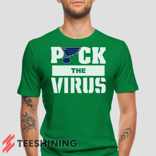Male model wearing the St Louis Blues Jets Puck The Virus Men's T-Shirt in irish green. Crafted from ultra-soft cotton, this classic crew neck tee offers breathable comfort and effortless style.