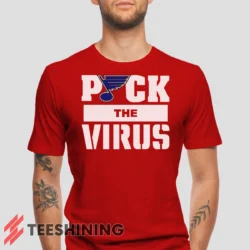 Male model wearing the St Louis Blues Jets Puck The Virus Men's T-Shirt in red. Crafted from ultra-soft cotton, this classic crew neck tee offers breathable comfort and effortless style.