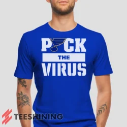 Male model wearing the St Louis Blues Jets Puck The Virus Men's T-Shirt in royal blue. Crafted from ultra-soft cotton, this classic crew neck tee offers breathable comfort and effortless style.