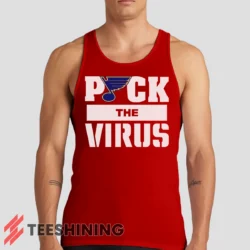 Male model wearing the St Louis Blues Jets Puck The Virus Men's Tank Top in red. A perfect blend of comfort and breathability for workouts or summer days.