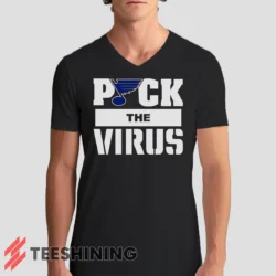 Male model rocking the St Louis Blues Jets Puck The Virus Men's V-Neck T-Shirt in black. Featuring a modern V-neck cut, perfect for a stylish yet casual look.