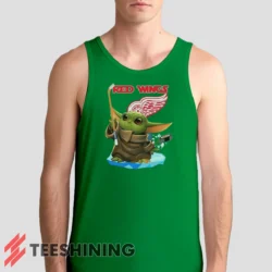 Male model wearing the Star Wars Baby Yoda Detroit Red Wings Fun NHL Sci - Fi Fan Men's Tank Top in irish green. A perfect blend of comfort and breathability for workouts or summer days.