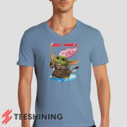 Male model rocking the Star Wars Baby Yoda Detroit Red Wings Fun NHL Sci - Fi Fan Men's V-Neck T-Shirt in light blue. Featuring a modern V-neck cut, perfect for a stylish yet casual look.