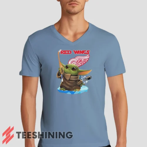 Male model rocking the Star Wars Baby Yoda Detroit Red Wings Fun NHL Sci - Fi Fan Men's V-Neck T-Shirt in light blue. Featuring a modern V-neck cut, perfect for a stylish yet casual look.