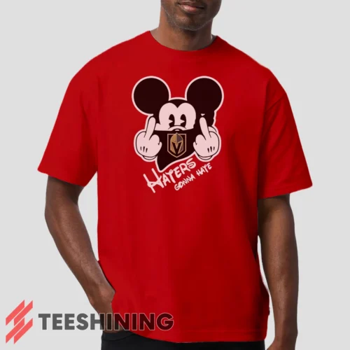 Male model wearing the Vegas Golden Knights Haters Gonna Hate Mickey Mouse Disney Hockey Men's T-Shirt in red. Crafted from ultra-soft cotton, this classic crew neck tee offers breathable comfort and effortless style.