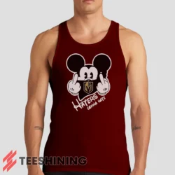Male model wearing the Vegas Golden Knights Haters Gonna Hate Mickey Mouse Disney Hockey Men's Tank Top in maroon. A perfect blend of comfort and breathability for workouts or summer days.