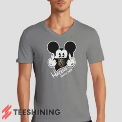 Male model rocking the Vegas Golden Knights Haters Gonna Hate Mickey Mouse Disney Hockey Men's V-Neck T-Shirt in sport grey. Featuring a modern V-neck cut, perfect for a stylish yet casual look.