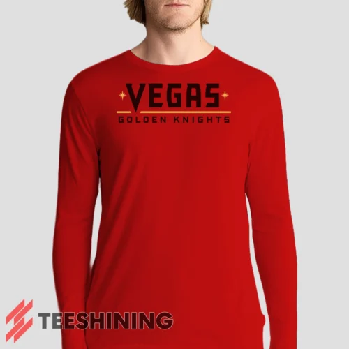 Male model sporting the Vegas Golden Knights Men's Long Sleeve T-Shirt in red. Lightweight and breathable, ideal for transitional weather.