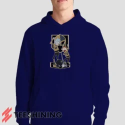 Male model showcasing the Vegas Golden Knights Rick And Morty Men's Hoodie in navy. This ultra-cozy pullover hoodie is designed for warmth and everyday versatility.