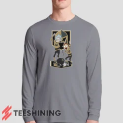 Male model sporting the Vegas Golden Knights Rick And Morty Men's Long Sleeve T-Shirt in sport grey. Lightweight and breathable, ideal for transitional weather.