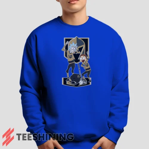 Male model lounging in the Vegas Golden Knights Rick And Morty Men's Sweatshirt in royal blue. Made from ultra-soft fabric for unmatched comfort.