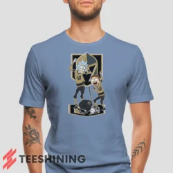 Male model wearing the Vegas Golden Knights Rick And Morty Men's T-Shirt in light blue. Crafted from ultra-soft cotton, this classic crew neck tee offers breathable comfort and effortless style.