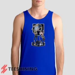 Male model wearing the Vegas Golden Knights Rick And Morty Men's Tank Top in royal blue. A perfect blend of comfort and breathability for workouts or summer days.