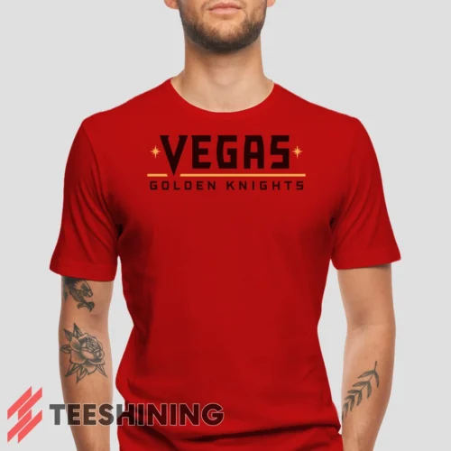 Male model wearing the Vegas Golden Knights Men's T-Shirt in red. Crafted from ultra-soft cotton, this classic crew neck tee offers breathable comfort and effortless style.