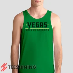 Male model wearing the Vegas Golden Knights Men's Tank Top in irish green. A perfect blend of comfort and breathability for workouts or summer days.