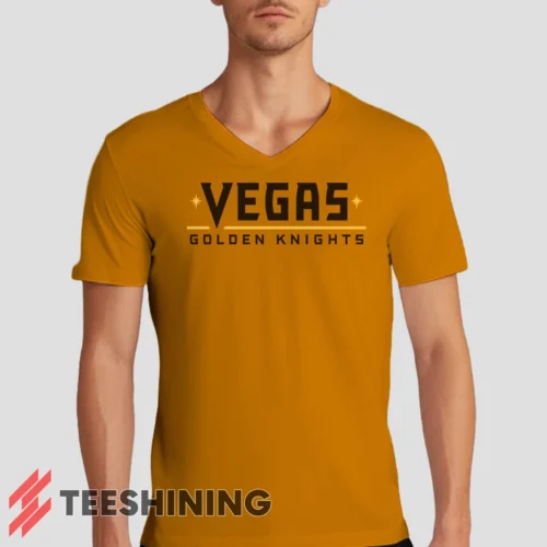 Male model rocking the Vegas Golden Knights Men's V-Neck T-Shirt in orange. Featuring a modern V-neck cut, perfect for a stylish yet casual look.