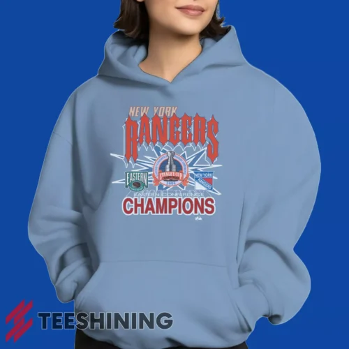 Female model showcasing the 1994 New York Rangers Eastern Conference Champions Classic Hockey Women's Hoodie in light blue. This ultra-cozy pullover hoodie is designed for warmth and everyday versatility.