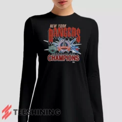 Female model sporting the 1994 New York Rangers Eastern Conference Champions Classic Hockey Women's Long Sleeve T-Shirt in black. Lightweight and breathable, ideal for transitional weather.