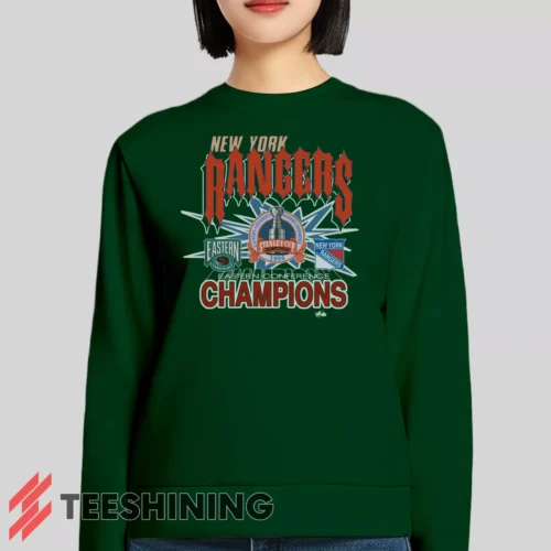 Female model lounging in the 1994 New York Rangers Eastern Conference Champions Classic Hockey Women's Sweatshirt in forest green. Made from ultra-soft fabric for unmatched comfort.